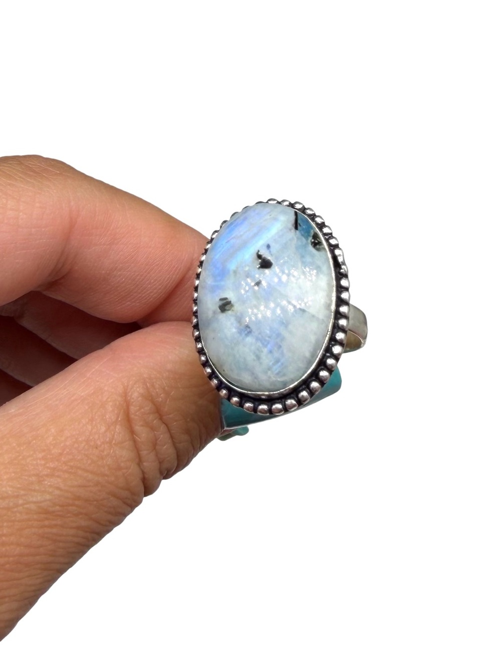 Blue Flash Rainbow Moonstone Ring Size 9 925 Sterling Silver Overlay Oval Stone - Picture 6 of 11